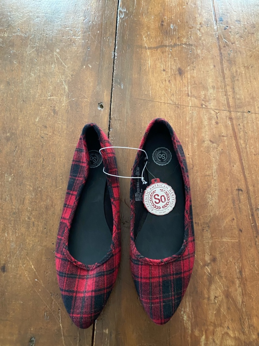 SO Red and Black Plaid Pointed Toe Flats
